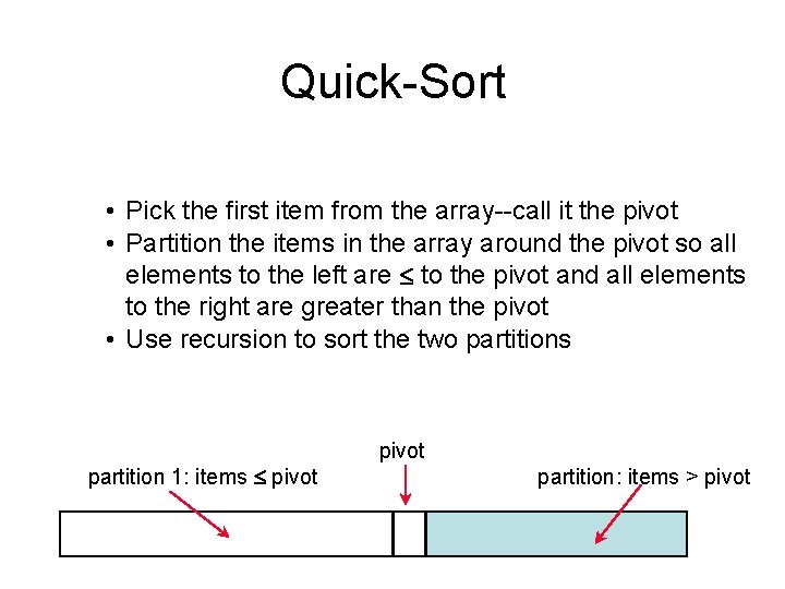 Quick-Sort • Pick the first item from the array--call it the pivot • Partition