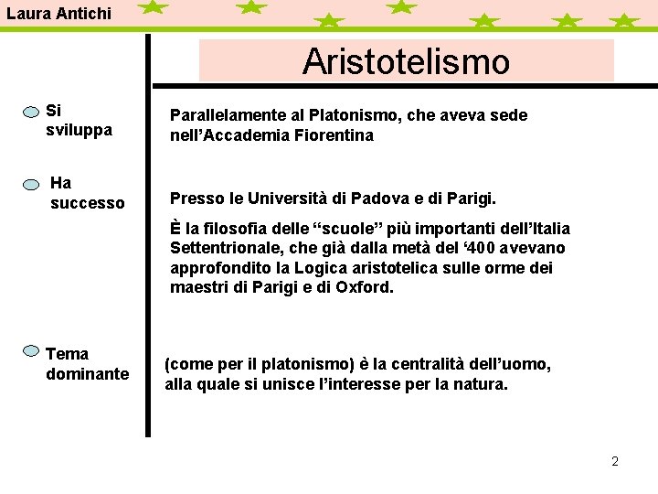 Laura Antichi Aristotelismo Si sviluppa Ha successo Parallelamente al Platonismo, che aveva sede nell’Accademia