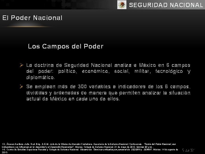 SEGURIDAD NACIONAL El Poder Nacional Los Campos del Poder Ø La doctrina de Seguridad