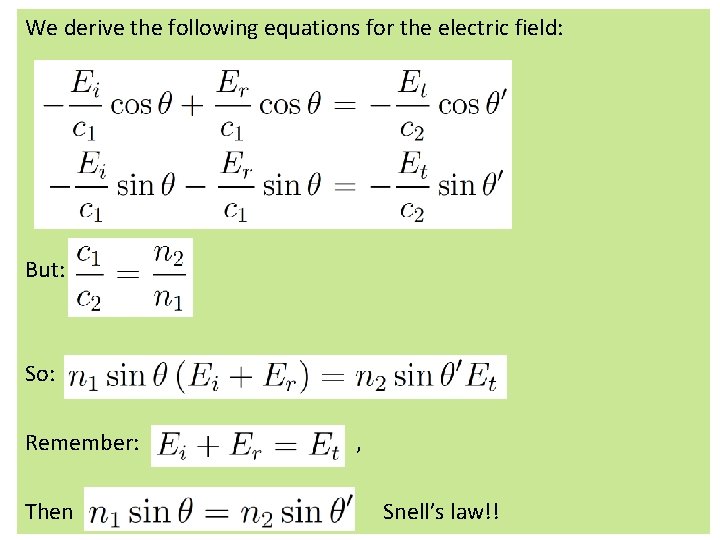 We derive the following equations for the electric field: But: So: Remember: Then , We derive the following equations for the electric field: But: So: Remember: Then ,