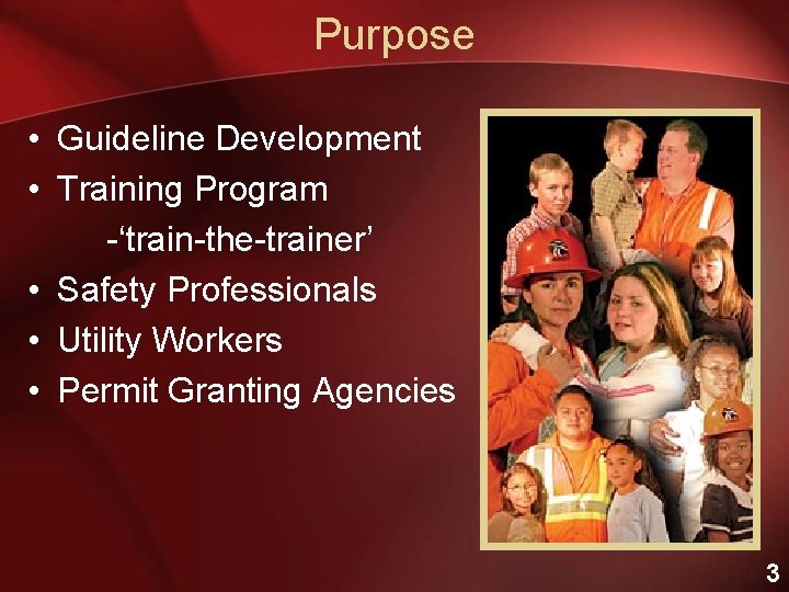 Purpose • Guideline Development • Training Program -‘train-the-trainer’ • Safety Professionals • Utility Workers