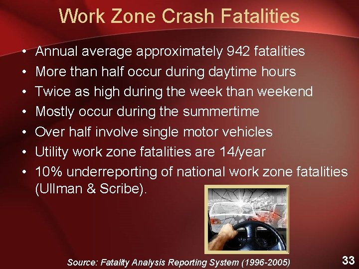 Work Zone Crash Fatalities • • Annual average approximately 942 fatalities More than half