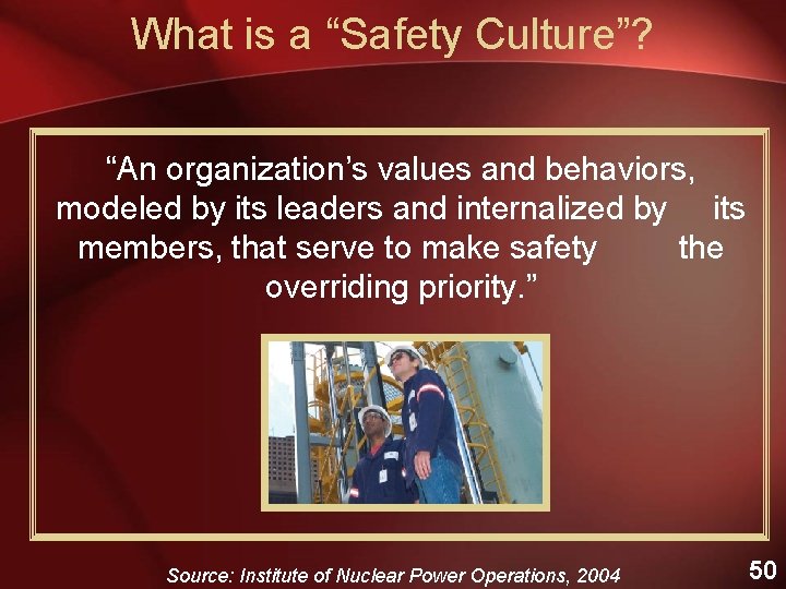 What is a “Safety Culture”? “An organization’s values and behaviors, modeled by its leaders