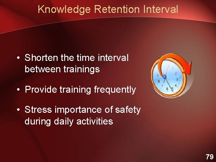 Knowledge Retention Interval • Shorten the time interval between trainings • Provide training frequently