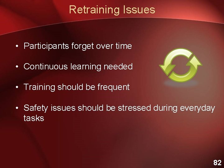 Retraining Issues • Participants forget over time • Continuous learning needed • Training should