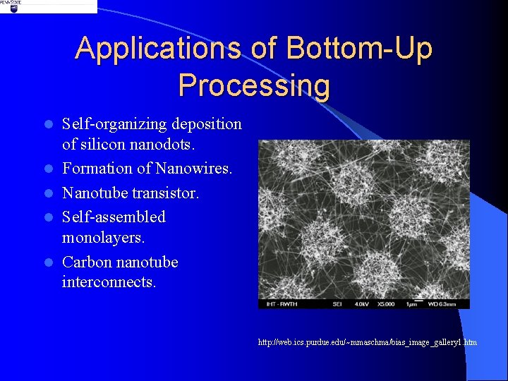 Applications of Bottom-Up Processing l l l Self-organizing deposition of silicon nanodots. Formation of