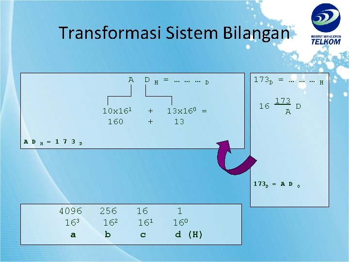 Transformasi Sistem Bilangan A 10 x 161 160 A D H = 1 7