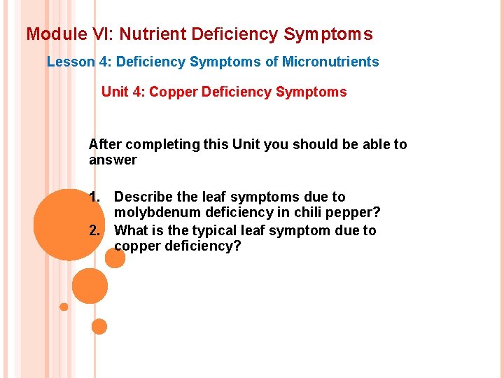 Module VI: Nutrient Deficiency Symptoms Lesson 4: Deficiency Symptoms of Micronutrients Unit 4: Copper