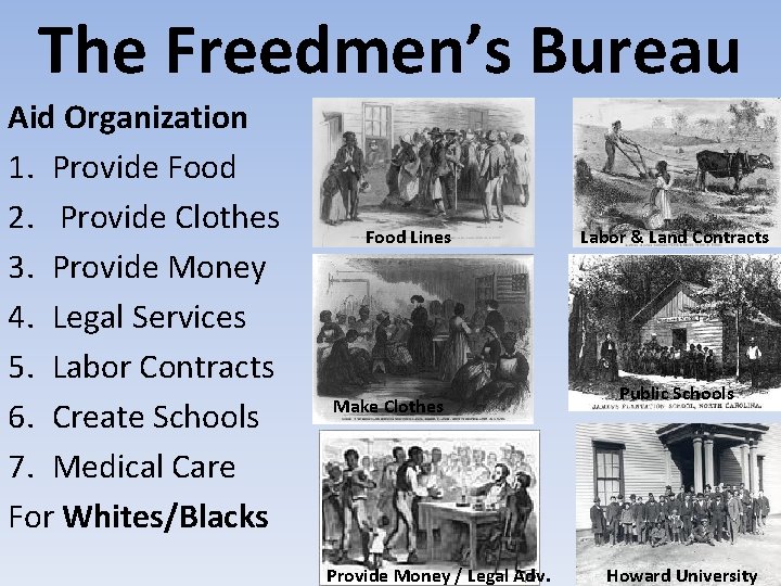 The Freedmen’s Bureau Aid Organization 1. Provide Food 2. Provide Clothes 3. Provide Money