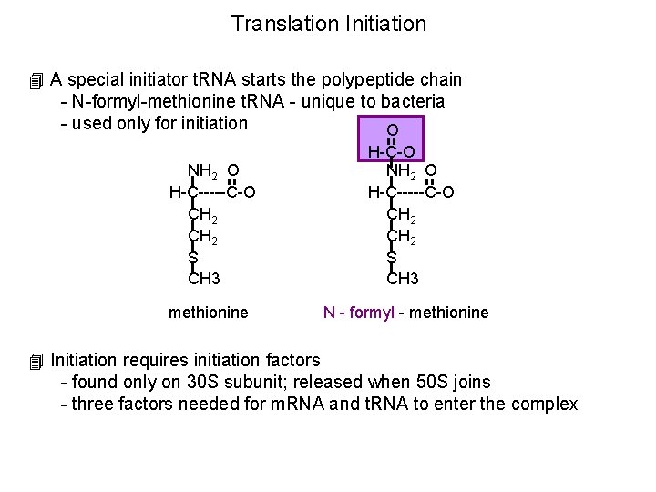 Translation Initiation 4 A special initiator t. RNA starts the polypeptide chain - N-formyl-methionine