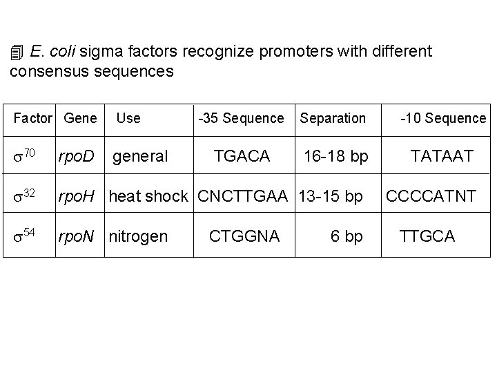 4 E. coli sigma factors recognize promoters with different consensus sequences Factor Gene Use