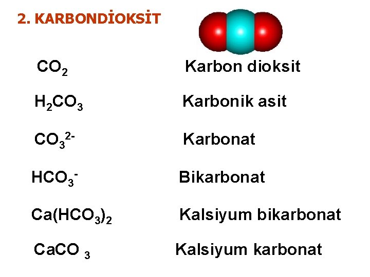 2. KARBONDİOKSİT CO 2 Karbon dioksit H 2 CO 3 Karbonik asit CO 32