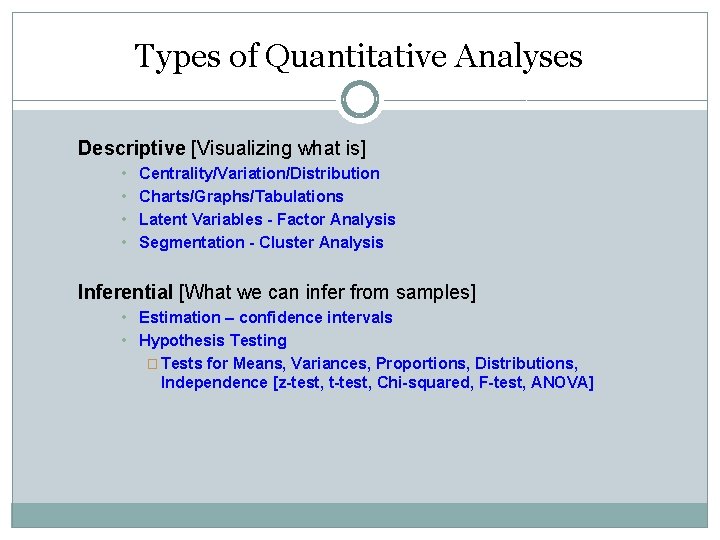 Types of Quantitative Analyses Descriptive [Visualizing what is] • • Centrality/Variation/Distribution Charts/Graphs/Tabulations Latent Variables