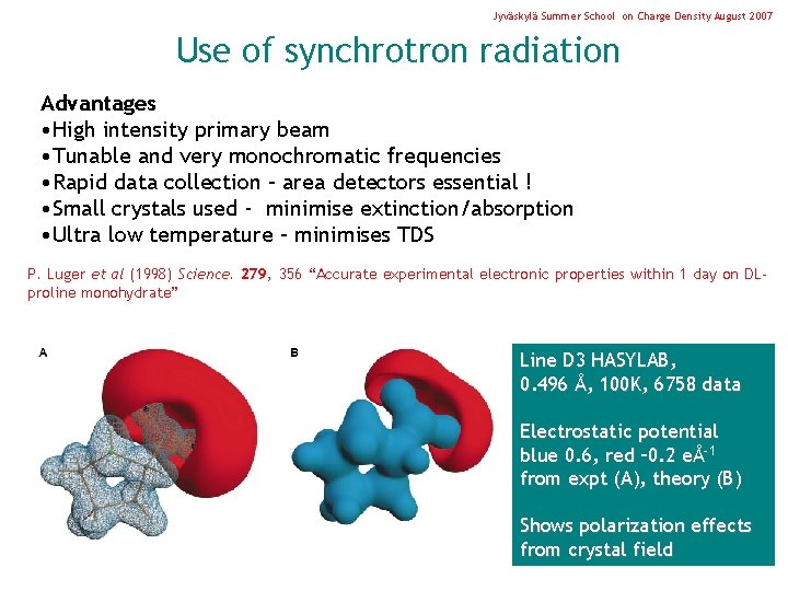 Jyväskylä Summer School on Charge Density August 2007 Use of synchrotron radiation Advantages •