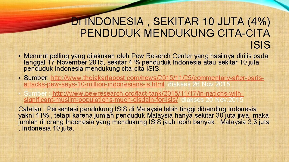 DI INDONESIA , SEKITAR 10 JUTA (4%) PENDUDUK MENDUKUNG CITA ISIS • Menurut polling