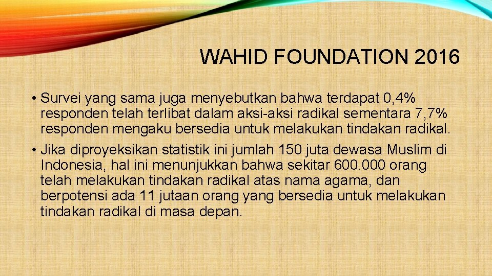 WAHID FOUNDATION 2016 • Survei yang sama juga menyebutkan bahwa terdapat 0, 4% responden