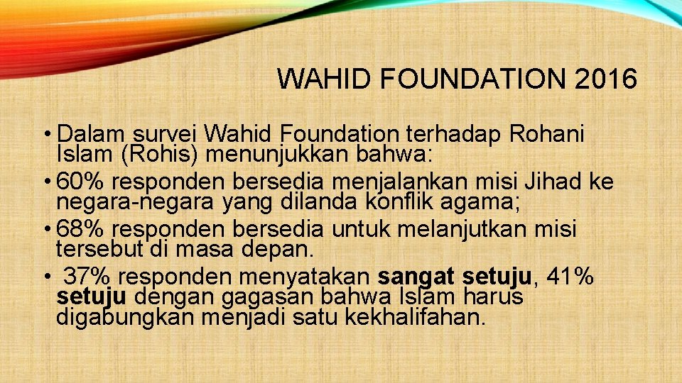 WAHID FOUNDATION 2016 • Dalam survei Wahid Foundation terhadap Rohani Islam (Rohis) menunjukkan bahwa: