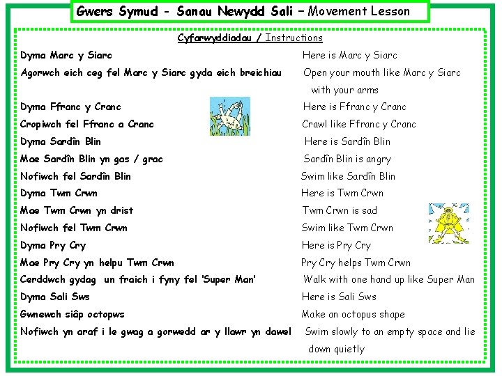 Gwers Symud - Sanau Newydd Sali – Movement Lesson Cyfarwyddiadau / Instructions Dyma Marc