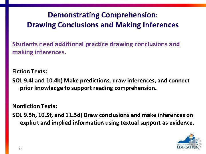 Demonstrating Comprehension: Drawing Conclusions and Making Inferences Students need additional practice drawing conclusions and