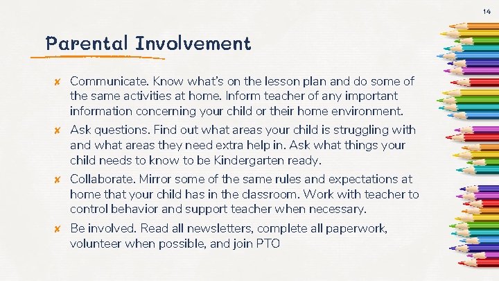 14 Parental Involvement ✘ ✘ Communicate. Know what’s on the lesson plan and do