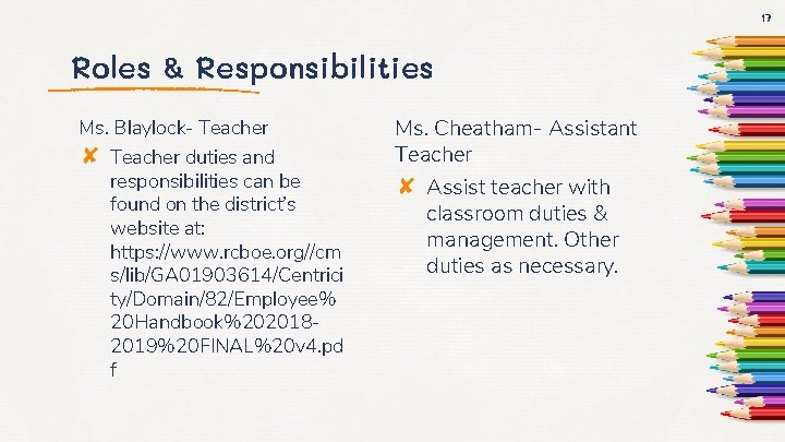 17 Roles & Responsibilities Ms. Blaylock- Teacher ✘ Teacher duties and responsibilities can be