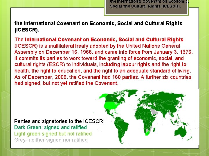 the International Covenant on Economic, Social and Cultural Rights (ICESCR). The International Covenant on