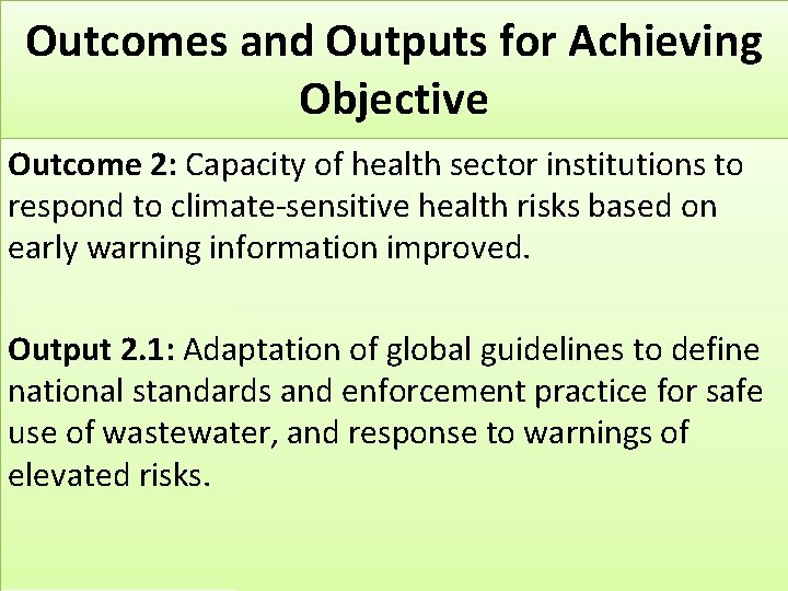 Outcomes and Outputs for Achieving Objective Outcome 2: Capacity of health sector institutions to