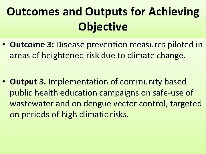 Outcomes and Outputs for Achieving Objective • Outcome 3: Disease prevention measures piloted in