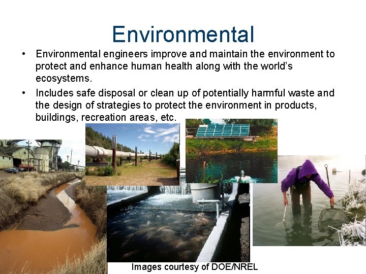 Environmental • Environmental engineers improve and maintain the environment to protect and enhance human