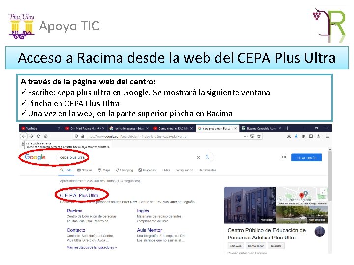 Apoyo TIC Acceso a Racima desde la web del CEPA Plus Ultra A través