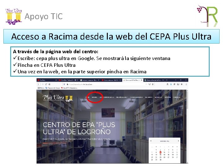 Apoyo TIC Acceso a Racima desde la web del CEPA Plus Ultra A través