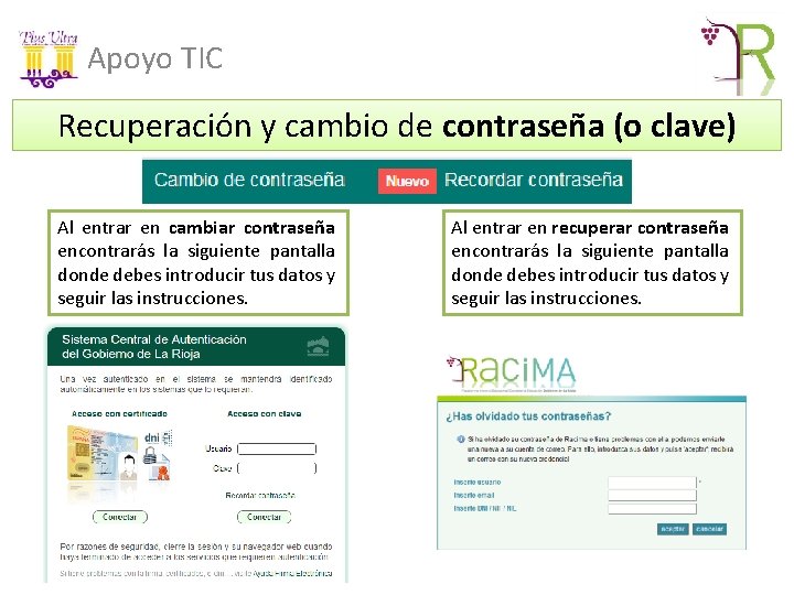 Apoyo TIC Recuperación y cambio de contraseña (o clave) Al entrar en cambiar contraseña