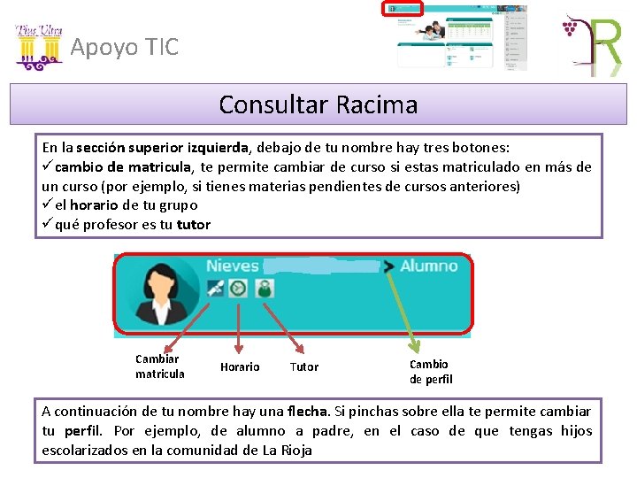 Apoyo TIC Consultar Racima En la sección superior izquierda, debajo de tu nombre hay