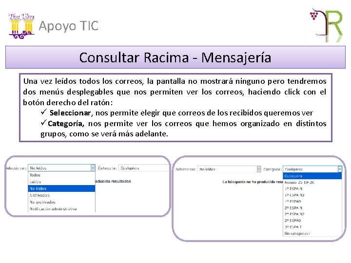 Apoyo TIC Consultar Racima - Mensajería Una vez leídos todos los correos, la pantalla