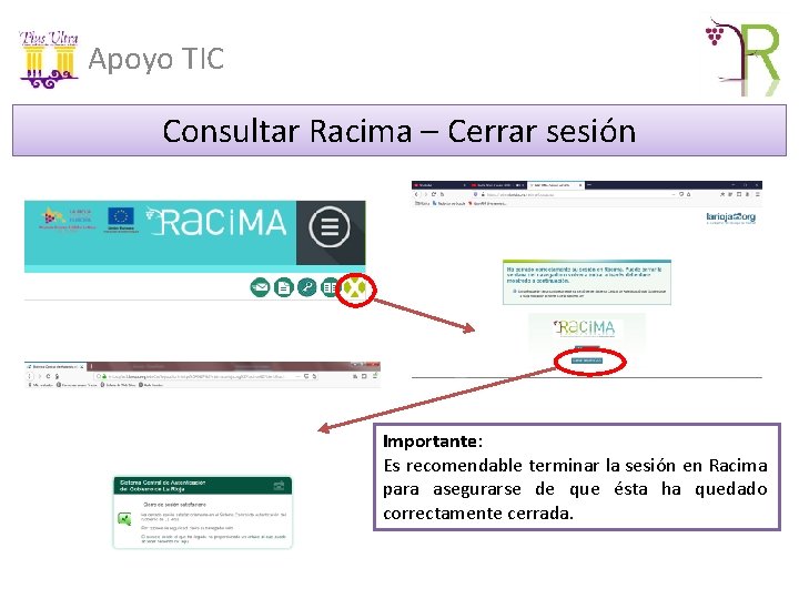 Apoyo TIC Consultar Racima – Cerrar sesión Importante: Es recomendable terminar la sesión en