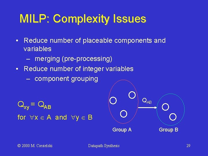 MILP: Complexity Issues • Reduce number of placeable components and variables – merging (pre-processing)