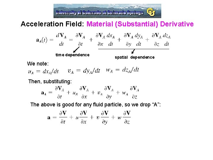 Acceleration Field: Material (Substantial) Derivative time dependence spatial dependence We note: Then, substituting: The