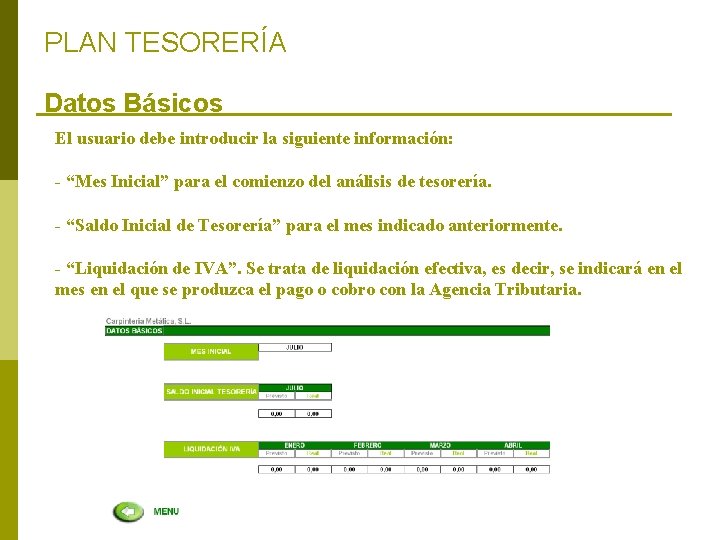 PLAN TESORERÍA Datos Básicos El usuario debe introducir la siguiente información: - “Mes Inicial”