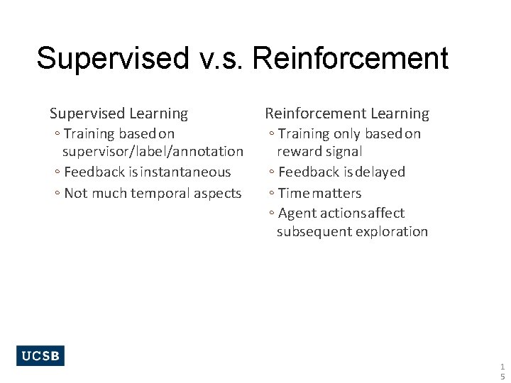 Supervised v. s. Reinforcement Supervised Learning ◦ Training based on supervisor/label/annotation ◦ Feedback is