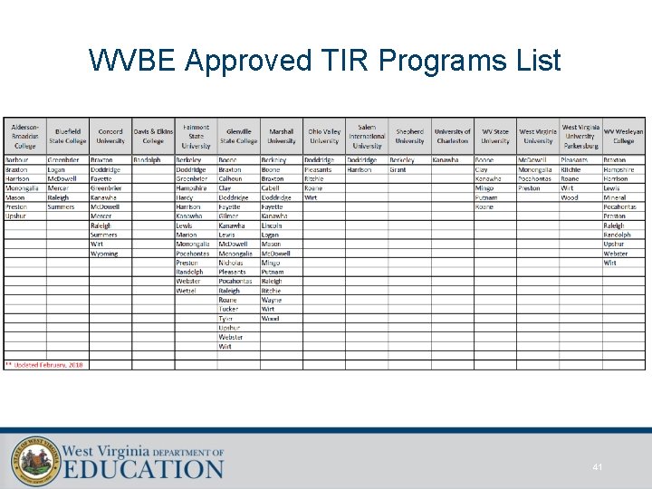 WVBE Approved TIR Programs List 41 