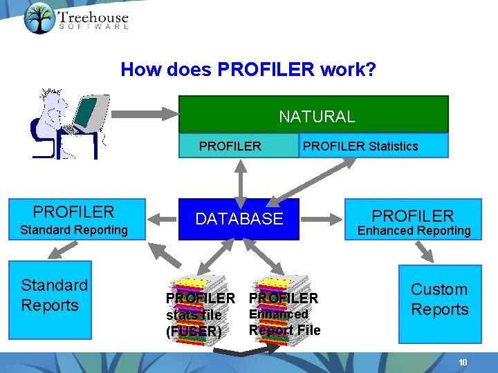 How does PROFILER work? . NATURAL PROFILER Standard Reporting Standard Reports PROFILER Statistics DATABASE