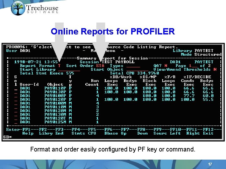 Online Reports for PROFILER Format and order easily configured by PF key or command.