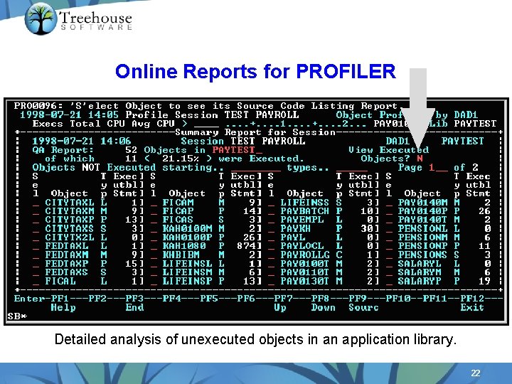 Online Reports for PROFILER Detailed analysis of unexecuted objects in an application library. 22