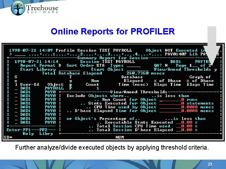 Online Reports for PROFILER Further analyze/divide executed objects by applying threshold criteria. 23 