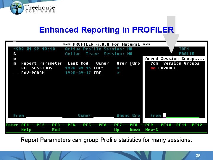 Enhanced Reporting in PROFILER Report Parameters can group Profile statistics for many sessions. 29