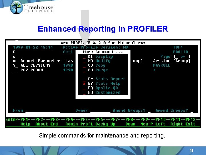 Enhanced Reporting in PROFILER Simple commands for maintenance and reporting. 31 