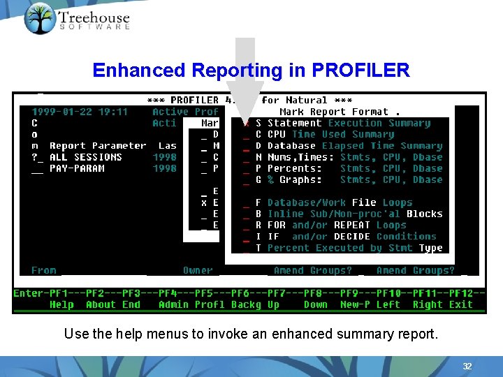 Enhanced Reporting in PROFILER Use the help menus to invoke an enhanced summary report.