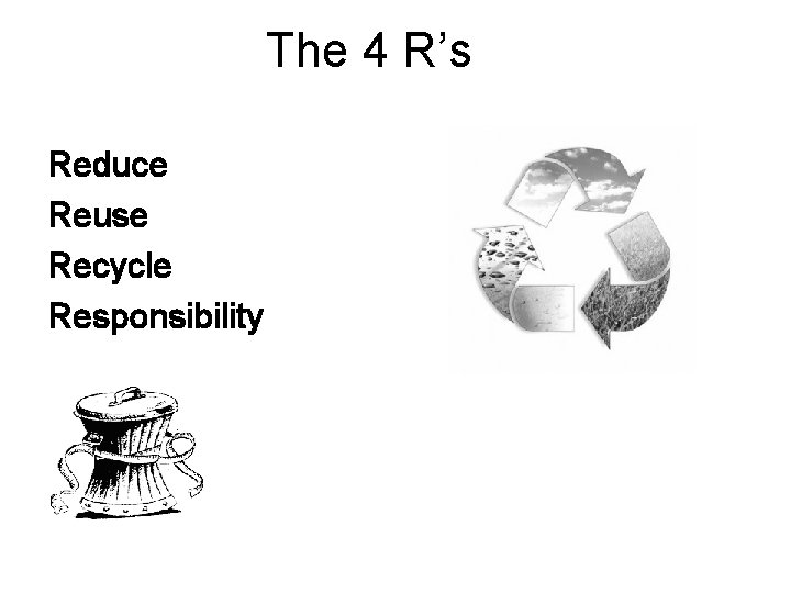 The 4 R’s Reduce Reuse Recycle Responsibility 