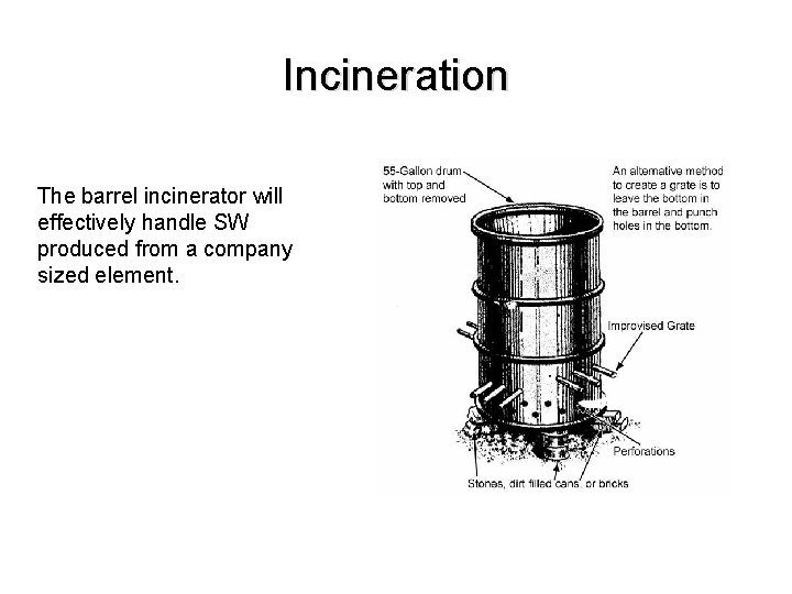 Incineration The barrel incinerator will effectively handle SW produced from a company sized element.