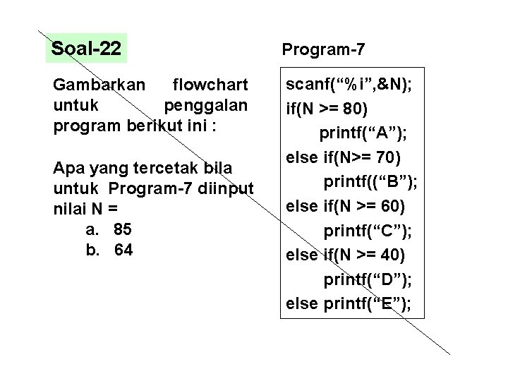 Soal-22 Program-7 Gambarkan flowchart untuk penggalan program berikut ini : scanf(“%i”, &N); if(N >=